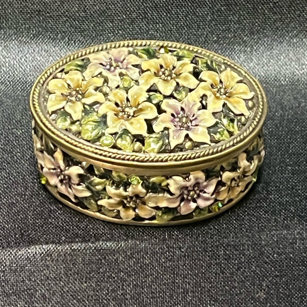 Vintage Pastel Swarovski Crystal Brass Enamel Floral Trinket Box